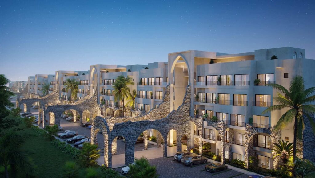 Poseidonia rendering of exterior aerial at night