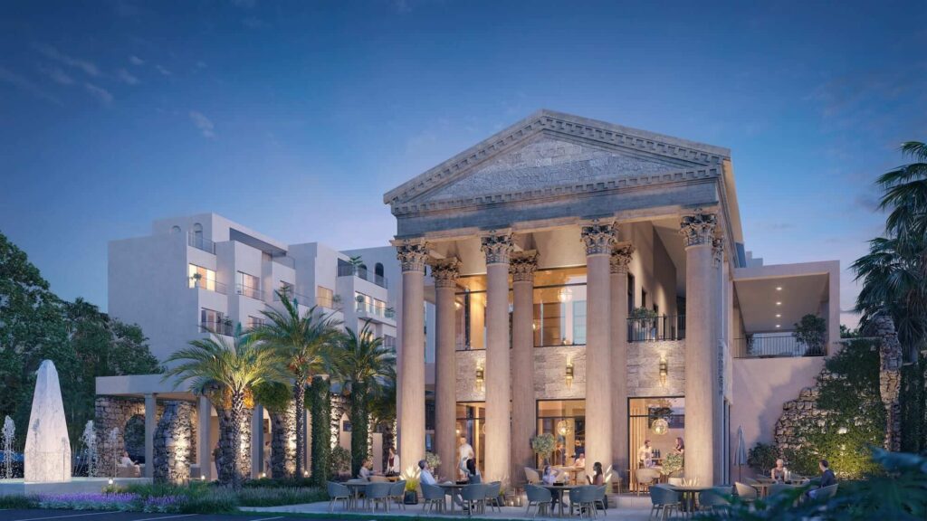 Poseidonia rendering of exterior and restaurant at night