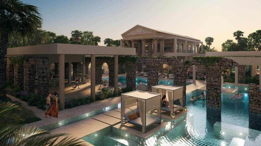 Poseidonia rendering of exterior aerial of pools and cabanas at night