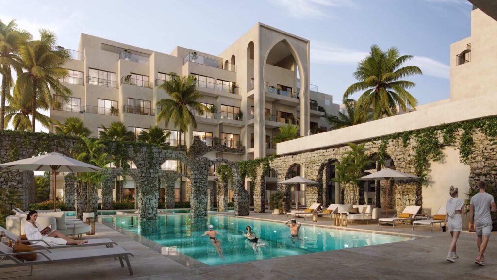Poseidonia rendering of exterior swimming pool and lounge area